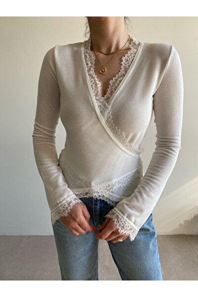 Bade Butik Ecru Tie-Detail Lace Blouse