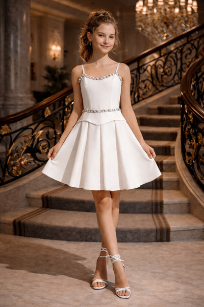 Erkut Kız Çocuk Krep Kumaş Kırık Beyaz Renk Kısa Abiye Elbise