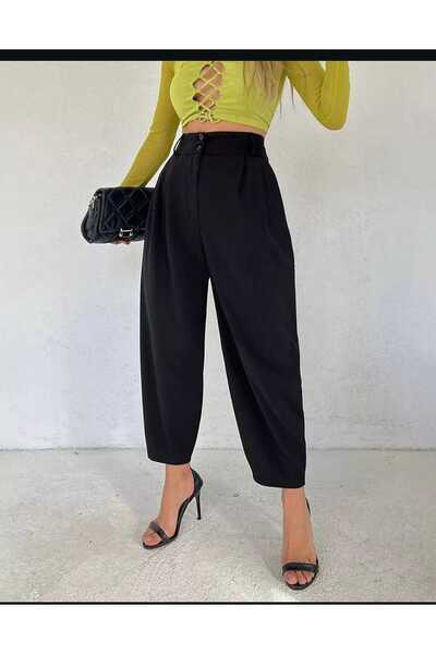 My-o Pantaloni de damă Steel din material subțire Fabric Negru talie înaltă c...