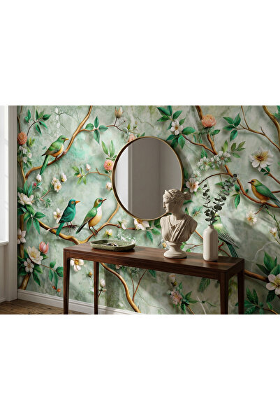 Tasarım Kuş ve Çiçek Dalları Desenli Duvar Kağıdı – Zarif Doğa Temalı Poster