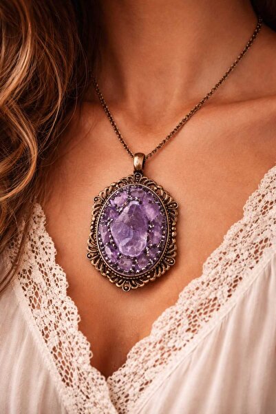 PORSE Ham Ametist ve Hematit Doğal Taşlı Vintage Oval Tasarım El Yapımı Kolye...