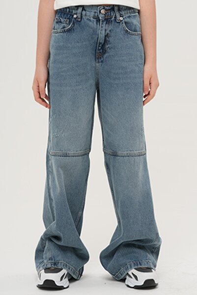 HayKids Pantaloni unisex albaștri cu picior larg detaliu la cusătură Jean cro...