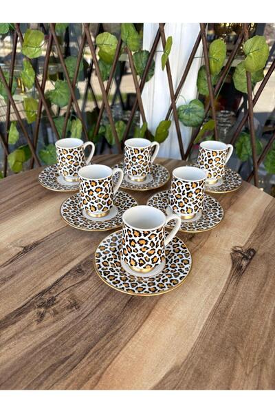 GÜRCÜGLASS Leopard Printed Pieces of 6-Cup Coffee Cups.