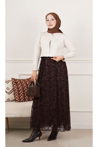 Blue Morpho Flok Patterned Tulle Lined Skirt