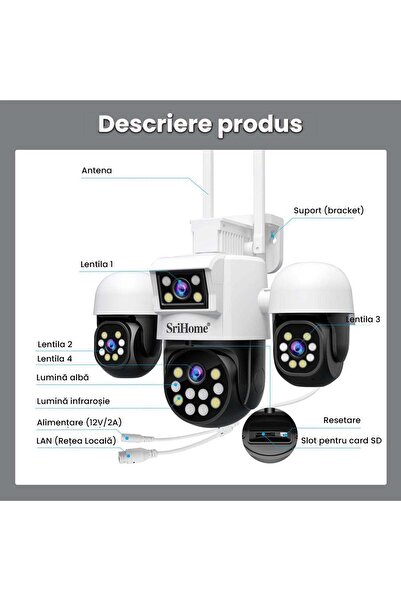 SRIHOME Camera Cvadrupla Supraveghere Video WIFI CCTV SH069 Plus, 20 MP, 3 Camera Motorizate, Alb