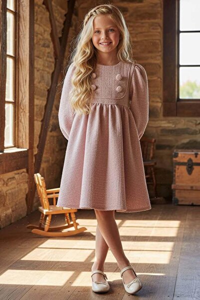 Riccotarz Girl's Pink Chanel Dress with Collar and Button Detail, Pleated Cuf...