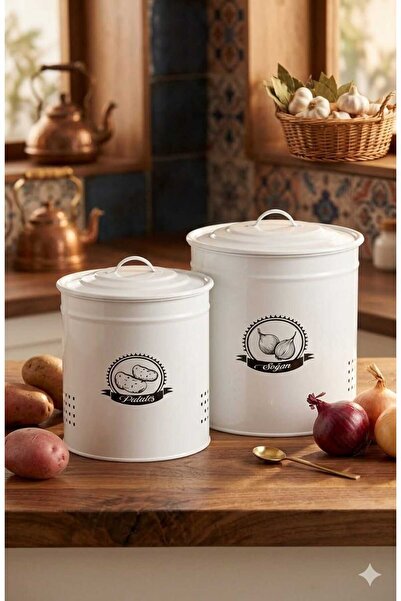 Funny Life Metal Patates Soğan Kovası Seti - Antrasit Detaylı Beyaz