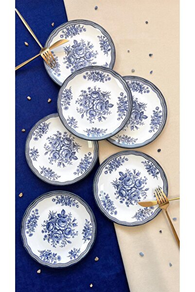 Erbaşlar طقم كيك سيراميك أزرق عتيق فاخر لـ 6 أشخاص، طبق كيك (20 سم)