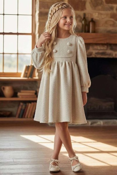Riccotarz Girl's Beige Chanel Dress with Collar and Button Detail, Pleated Cuffs at the Wrists