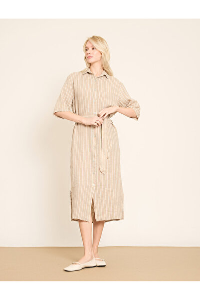 BGN workshop Vertical Striped and Belt Li Linen Shirt Dress