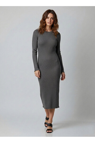 NEW JOURNAL Γυναικείο γκρι εφαρμοστό μίντι φόρεμα με λαιμόκοψη ποδηλάτου JF22