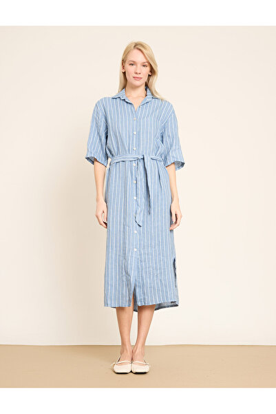BGN workshop Vertical Striped and Belt Li Linen Shirt Dress