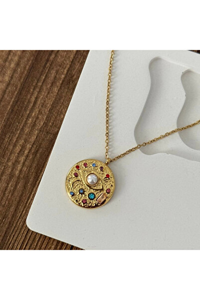 TURKAFONE Göz Renkli Taşlı Halka Plaka Kolye