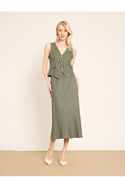 BGN workshop Elastic Waist Detailed Striped Midi Linen Skirt