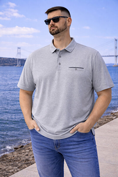 Maccali Men's Large Size Summer Pocketed Short Sleeve Gray Polo Collar T-Shirt