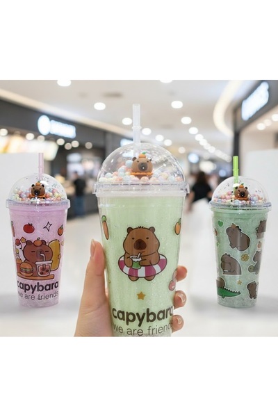 Kuzey Tacı Capybara Themed Double Wall Water Cup with Figure and Beaded Straw...
