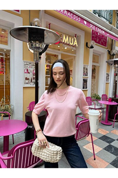 yeditepe fashion Μονόχρωμο Elitli Basic κοντομάνικο πλεκτό πουλόβερ