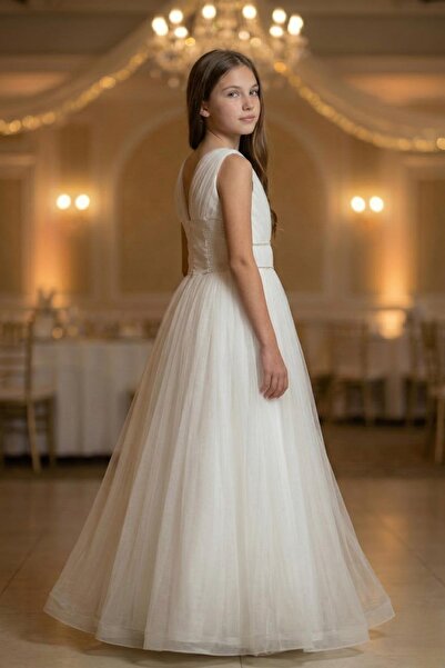 Pina Kids Girl's V-Neck Waist Stone Embellishment Detailed t Tulle Ü Long Eve...