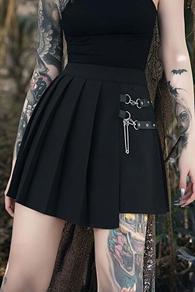 Köstebek تنورة قصيرة سوداء من نوع Anime Harajuku Punk جلد حزام قطعة Y2K