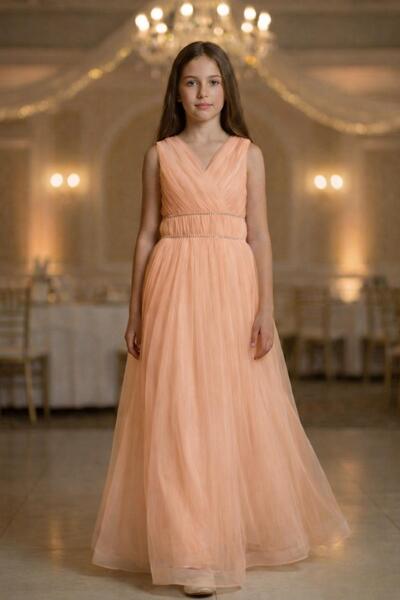 Pina Kids Girl's V-Neck Waist Stone Embellishment Detailed t Tulle Ü Long Eve...