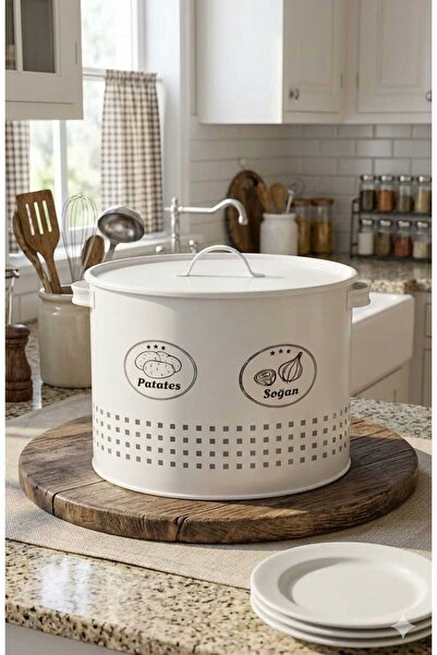 Funny Life İki Bölmeli Metal Patates & Soğan Saklama Kovası - Beyaz