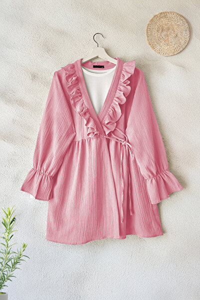 MODAQU Kimono with Ruffled Collar and Side Rope Tie - Pink