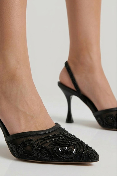 Fox Shoes Y726493615 Pantofi de damă cu paiete negre brodate cu plasă, model ...