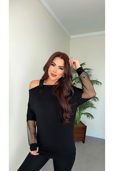 DİDEM GÜLTAKTI Cyrus Stone Belt Piece Sleeves Tulle Detail Black Blouse