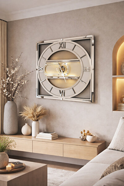 aSSe Tasarım Hareketli Çarklı Eşsiz Dekoratif Duvar Saati 50x50cm Beyaz-Gümüş