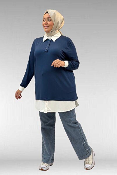 Eslina 68028 Büyük Beden Kombinli -Manşetli Penye Tunik - Petrol