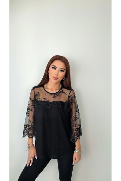 DİDEM GÜLTAKTI Gince Women's Collar and Sleeve Tulle Detail Black Blouse