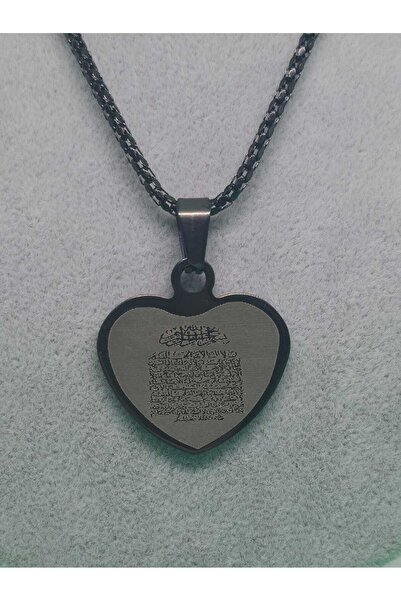 sarıyer silver Ayetel Kursi Written Black Color Heart Model Steel Necklace Re...