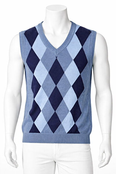 MODA24 Erkek Açık Mavi Baklava Desenli Triko Süveter – V Yaka Klasik Günlük Y...