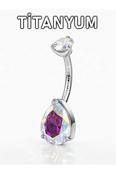 MORNEVA Titanyum Hologram Renkli Kristal Damla Taşlı Minimal Göbek Belly Pier...