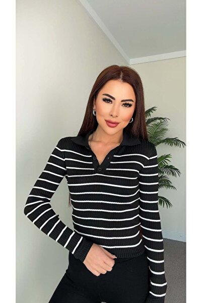 DİDEM GÜLTAKTI Breana Women's Black Striped Polo Collar Blouse
