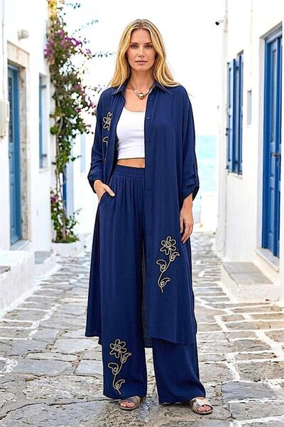 MODANI SEÇ Navy Blue Floral Embroidered Shirt Dress Pants Set
