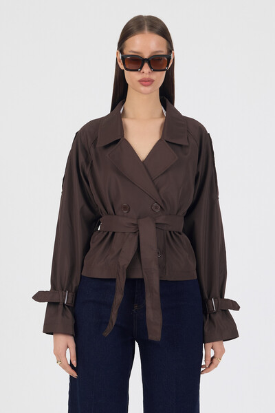 ABOUT US Double-Breasted Relaxed Fit Lined Short Trench Coat with Closed Belt...