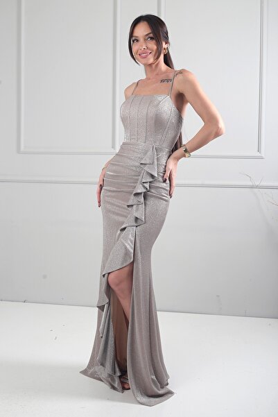 By Saygı Women's Strapless Drawstring Back Skirt Ruffled a Lined S Glittery F...