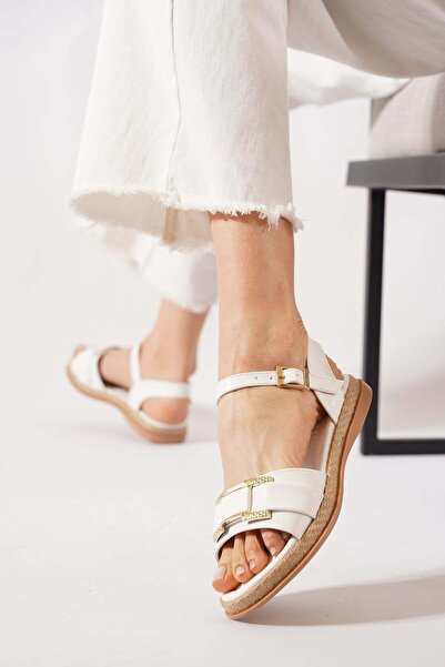 Moda Pie Desrat Front Stripe Stone Με αγκράφα Γυναικείο Σανδάλια Λευκό Δέρμα