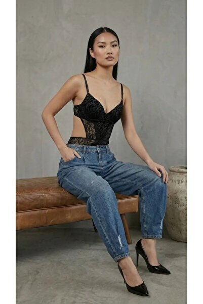 Cool & Sexy Дамски дантелен черен кожен прозрачен боди с копчета