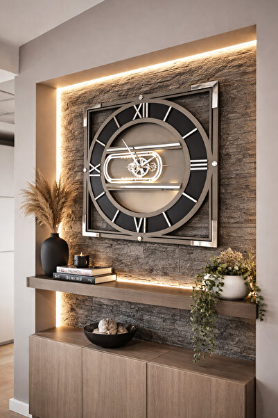 aSSe Tasarım Hareketli Çarklı Eşsiz Dekoratif Duvar Saati 50x50cm Siyah-Antra...