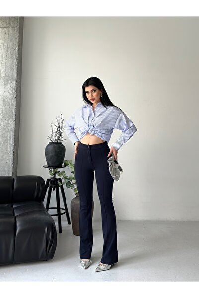 Sezka Life Women's Navy Blue High Waist Shaping / Sculpting Flared Striped Fabric Trousers Stylish Casual, Office Trousers