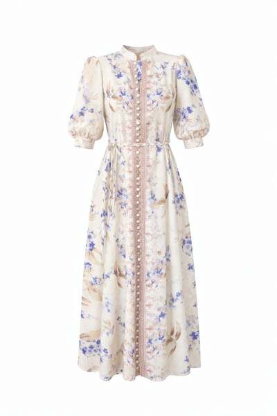 HAZELANNA Hakim Yaka Mor Floral Elbise