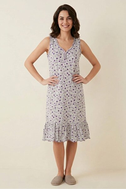 Flamingo Rahat Kalıp Gri Çiçek Desenli Pamuklu Geniş Kalıp V Yaka Fırfırlı Gü...