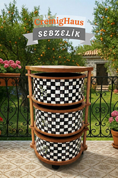 CremigHaus Ahşap Sebzelik Geleneksel Tasarım Yuvarlak Dama Desenli 3 x 5 kg K...