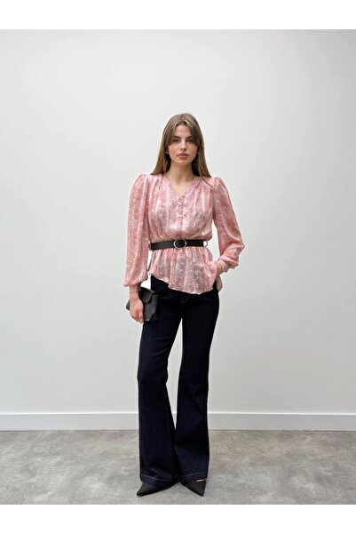 PERA AKSESUAR kadın pembe kemerli şifon gömlek