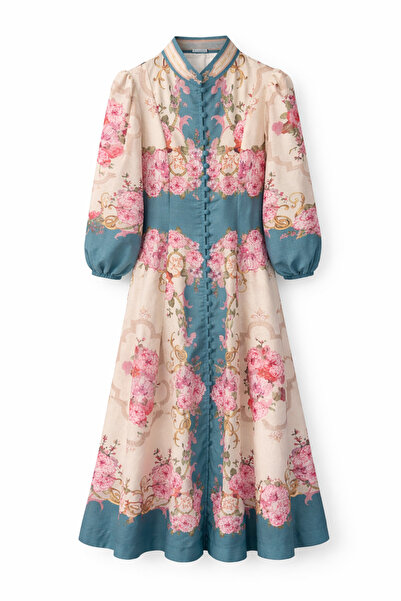 HAZELANNA Φόρεμα Χακίμ Γιακά με Τυρκουάζ Φλοράλ Σχέδιο