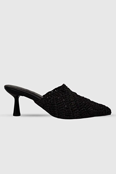 Modezya Black Patterned Knitted Detail Women's Stiletto Heel U Slippers