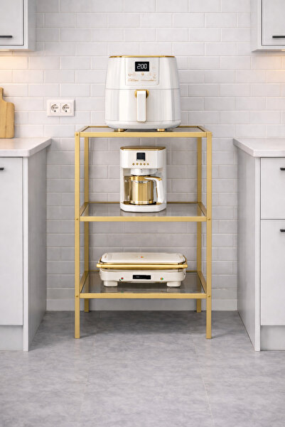 Trendmiz LUCCA Airfryer Standı 3 Katlı Metal Mutfak Rafı Füme Cam Kahve Makin...