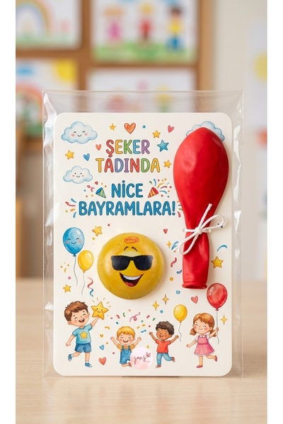 Şans Design 10’lu Bayram Çocuk Hediyeliği Emoji Çikolata ve Balonlu Kart– Ana...